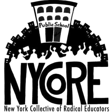 Logo of the New York Collective of Radical Educators (NYCORE), featuring a stylized school bus and the organization name.