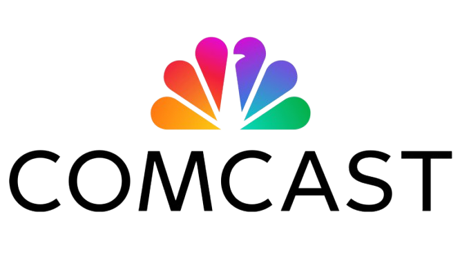 Comcast logo with multicolored peacock symbol and black text