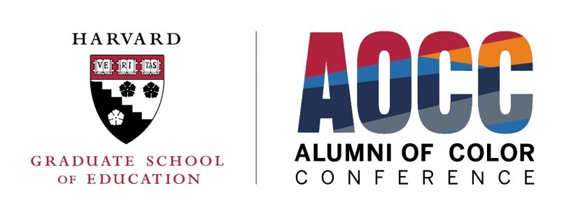 Harvard Graduate School of Education logo and AOC Conference logo with colorful 'AOC' letters and black text 'ALUMNI OF COLOR CONFERENCE'.