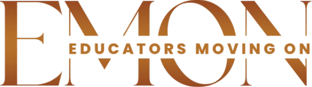 Logo with the text 'EDUCATORS MOVING ON' in brown and black. The text 'EDUCATORS' is above 'MOVING ON' in uppercase letters.