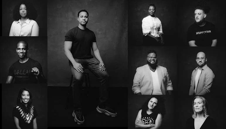 Collage of nine black-and-white portrait photographs of diverse individuals in various poses and expressions.