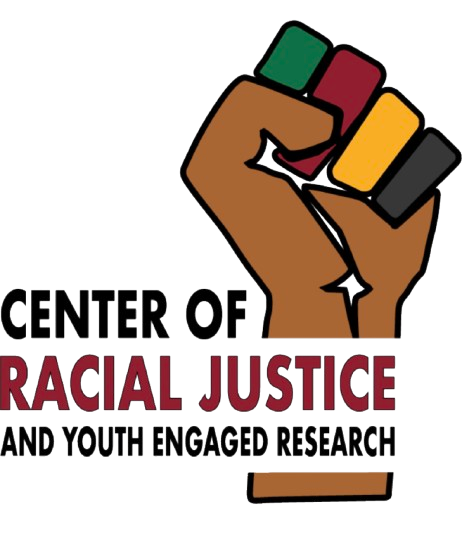 A raised fist with fingers painted in green, red, yellow, and black. Below the fist, the text reads 'Center of Racial Justice and Youth Engaged Research'.