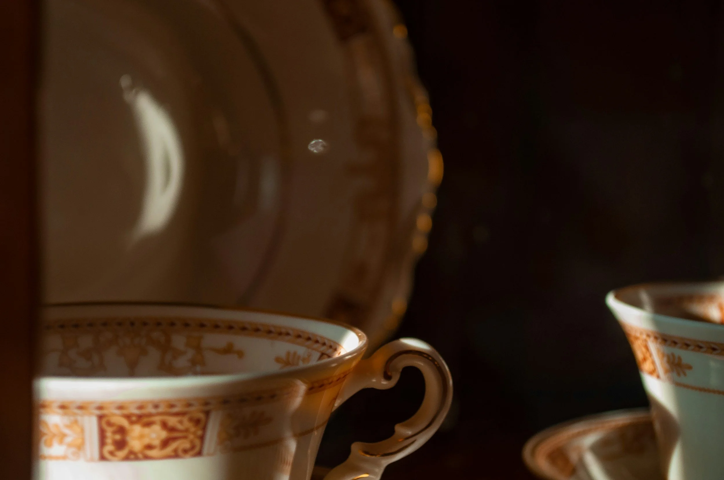 Close-up of two antique ornate china tea cups with gold and orange patterns, with a dark background.