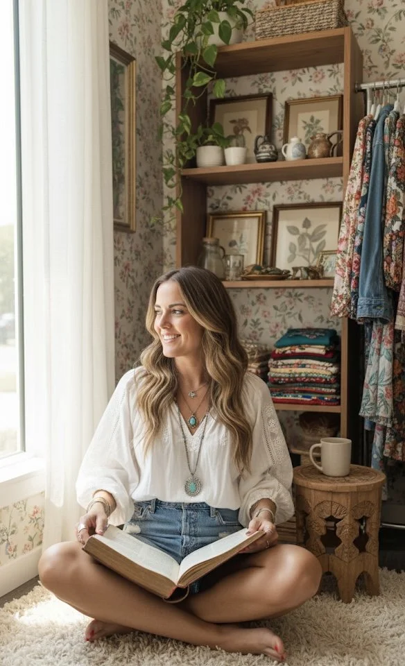 A woman with long wavy hair is sitting cross-legged on a shaggy carpet, smiling and holding an open book. She is wearing a white blouse and denim shorts, with turquoise jewelry. Behind her, there is a wooden shelf filled with framed pictures, pottery, and folded clothes, and a closet with floral dresses. The room has floral wallpaper and sunlight streaming in through a large window with white curtains.