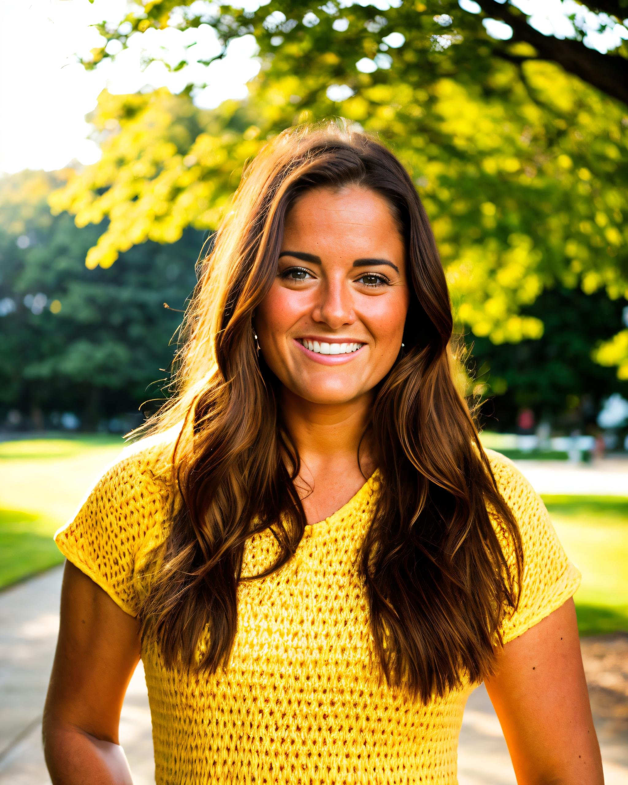 Smiling young woman with long brown hair wearing a yellow knit top outdoors in a park with trees and sunlight in the background.