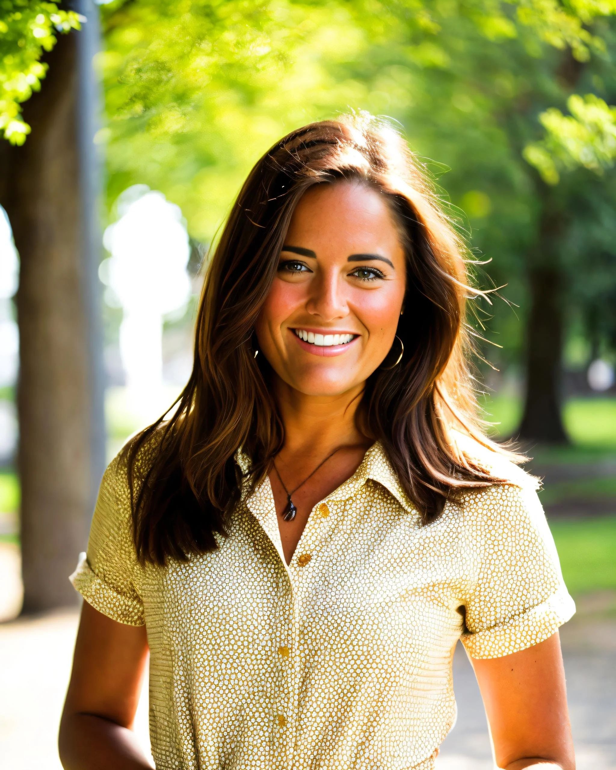 Smiling woman with brown hair and green eyes, and fashion consisting of wearing a yellow short-sleeved floral blouse and a necklace, standing outdoors with trees and sunlight in the background.