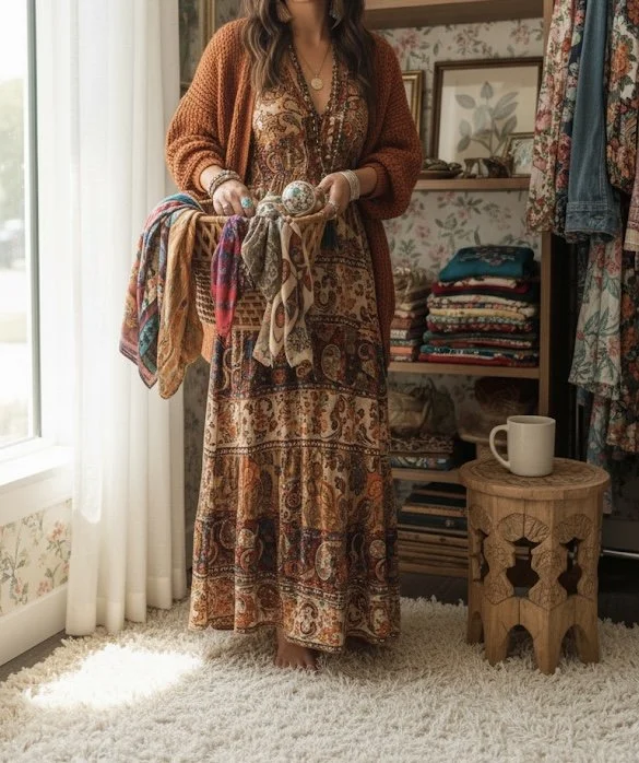 A woman standing in a cozy room holding room decor and scarves, wearing a patterned boho dress and a burnt-orange rust-colored cardigan, with shelves of folded clothes and a small wooden table nearby.