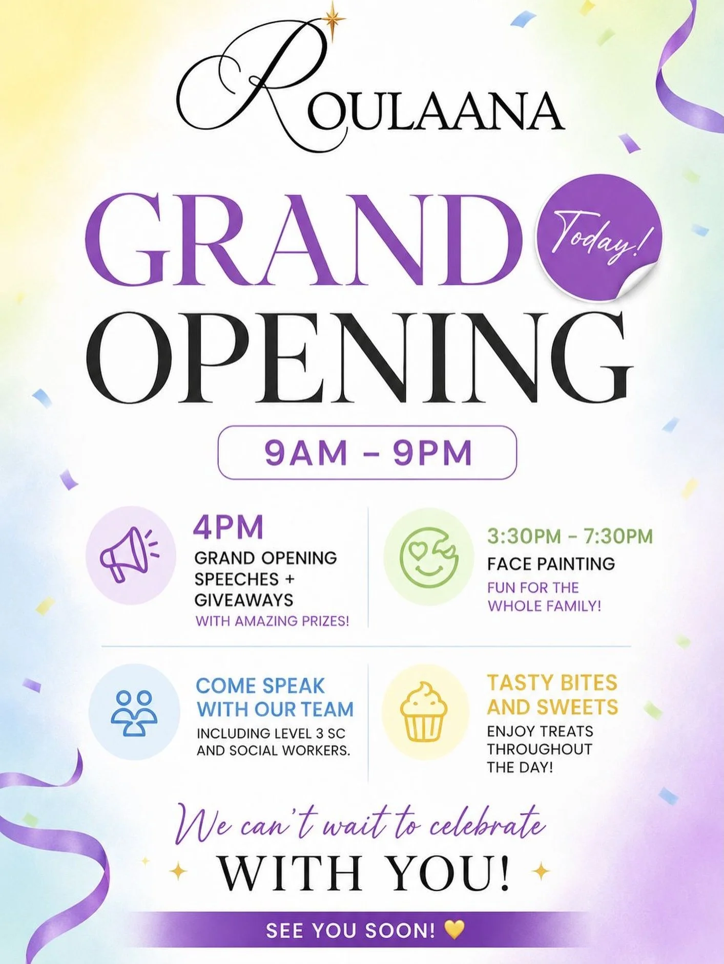 ✨ TODAY IS THE DAY ✨

Join us for the official grand opening of Roulaana 🤍

We&rsquo;re so excited to welcome our community for a beautiful day filled with connection, support, fun &amp; celebration!

🕘 Open: 9AM &ndash; 9PM
🎤 4PM: Grand Opening S