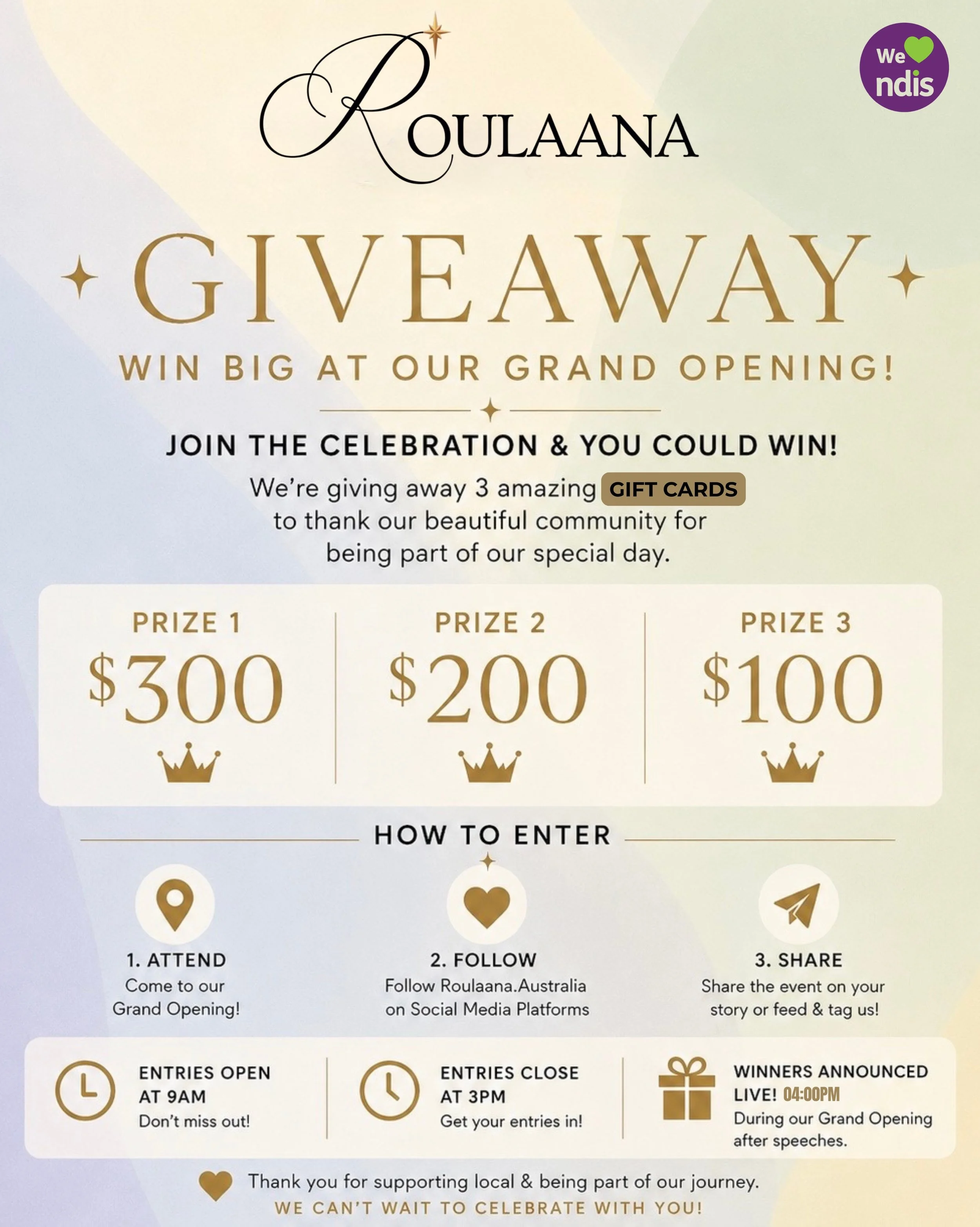 🎉 TOMORROW is the day! 🎉

Join us for the Roulaana Grand Opening and enter our special GIVEAWAY for a chance to win one of 3 amazing gift cards! ✨

🏆 Prize 1 &mdash; $300
🏆 Prize 2 &mdash; $200
🏆 Prize 3 &mdash; $100

How to enter:
✔️ Attend our