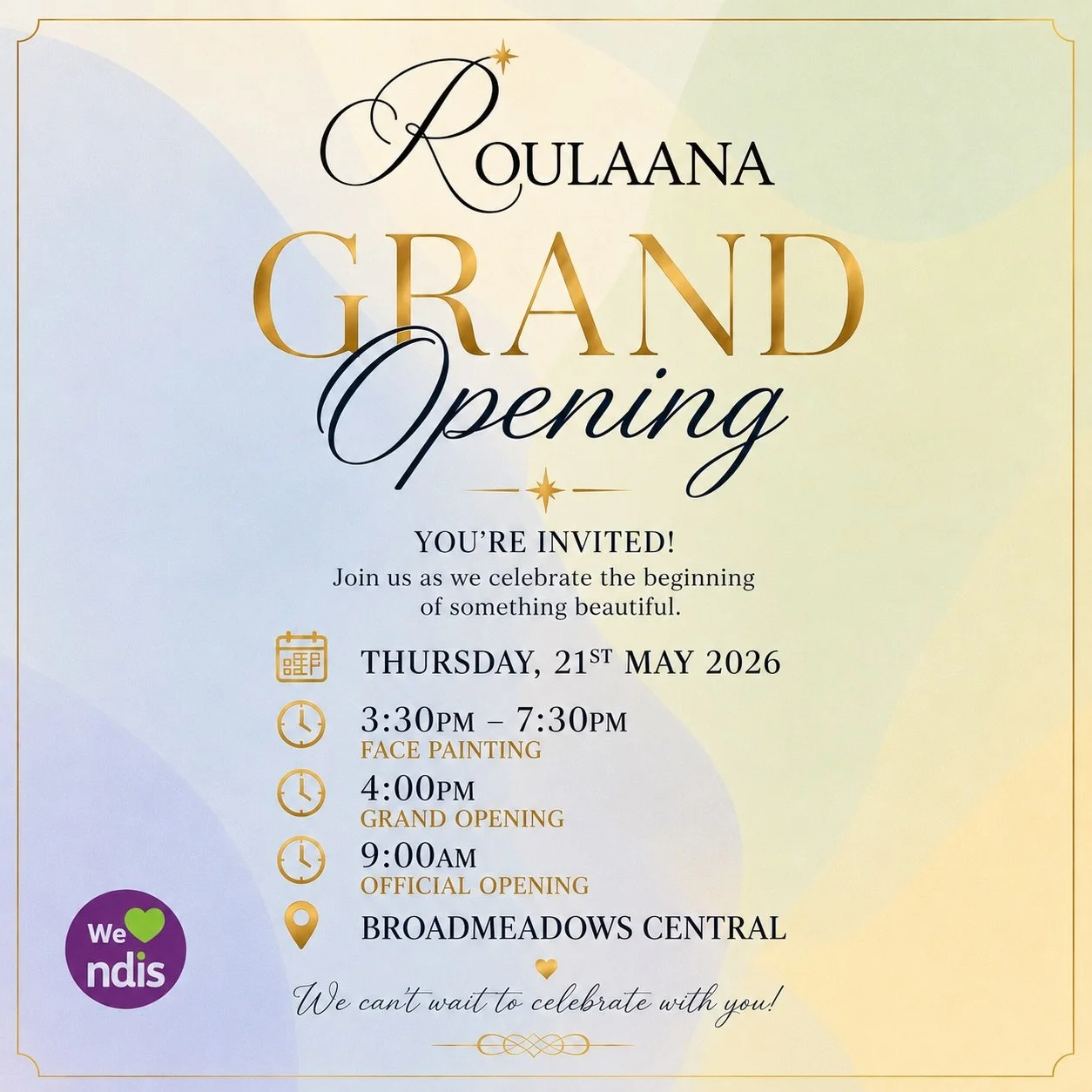 ✨ You&rsquo;re Invited ✨

Join us for the Grand Opening of Roulaana at Broadmeadows Central 🤍

🎨 Face Painting | 3:30PM &ndash; 7:30PM
✨ Grand Opening Ceremony | 4:00PM
🙌 Official Opening | From 9AM

📍 Broadmeadows Central
📅 Thursday, 21st May 2