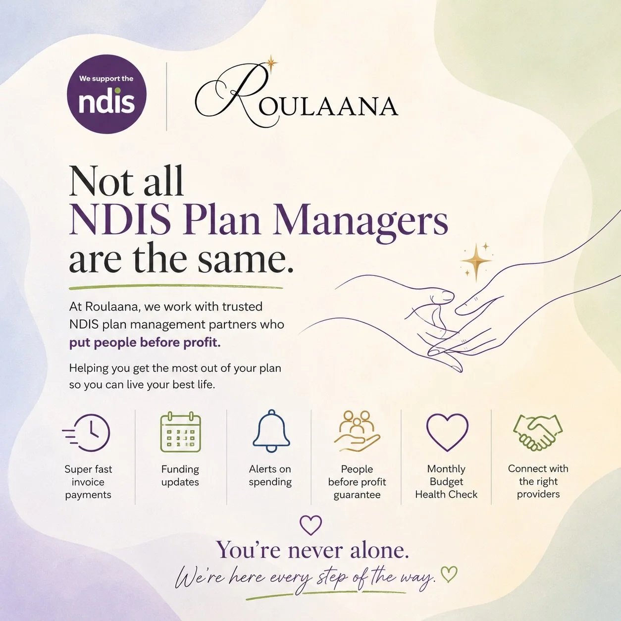 Not all NDIS Plan Managers are the same.

At Roulaana, we believe support should be personal, reliable, and focused on helping you get the most out of your NDIS plan.

✨ Fast invoice processing
✨ Budget and funding updates
✨ Spending alerts and guida