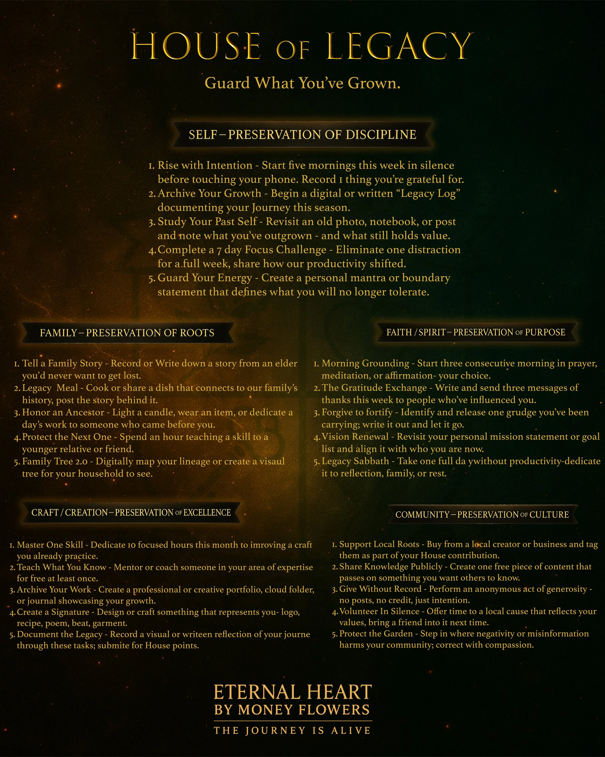 A motivational poster titled 'House of Legacy' with categories for self-preservation of discipline, family preservation of roots, faith preservation of purpose, craft creation preservation of excellence, and community preservation of culture, outlining various personal growth activities.