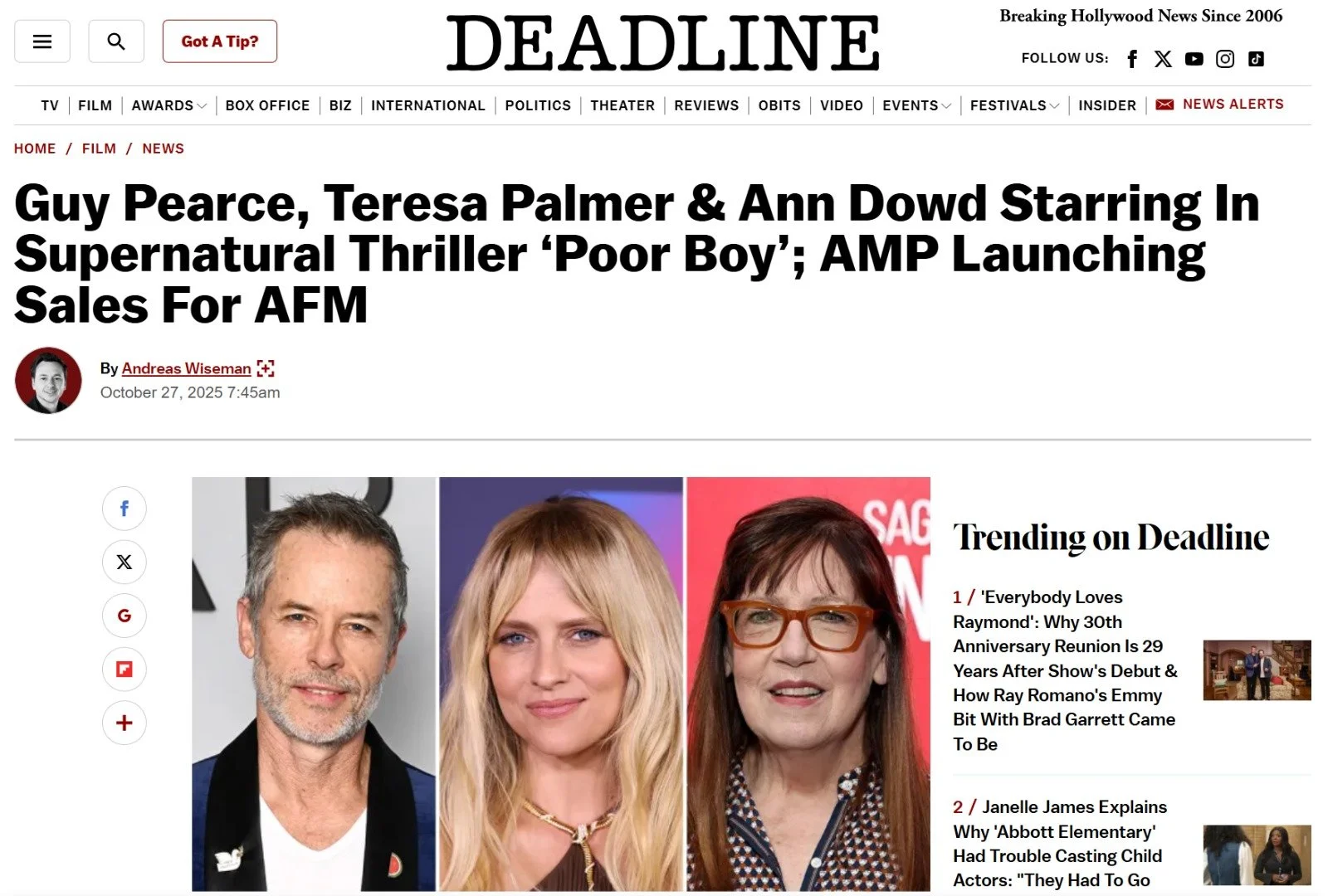 Guy Pearce, Teresa Palmer &amp; Ann Dowd Starring In Jaggi Entertainment’s Supernatural Thriller ‘Poor Boy’