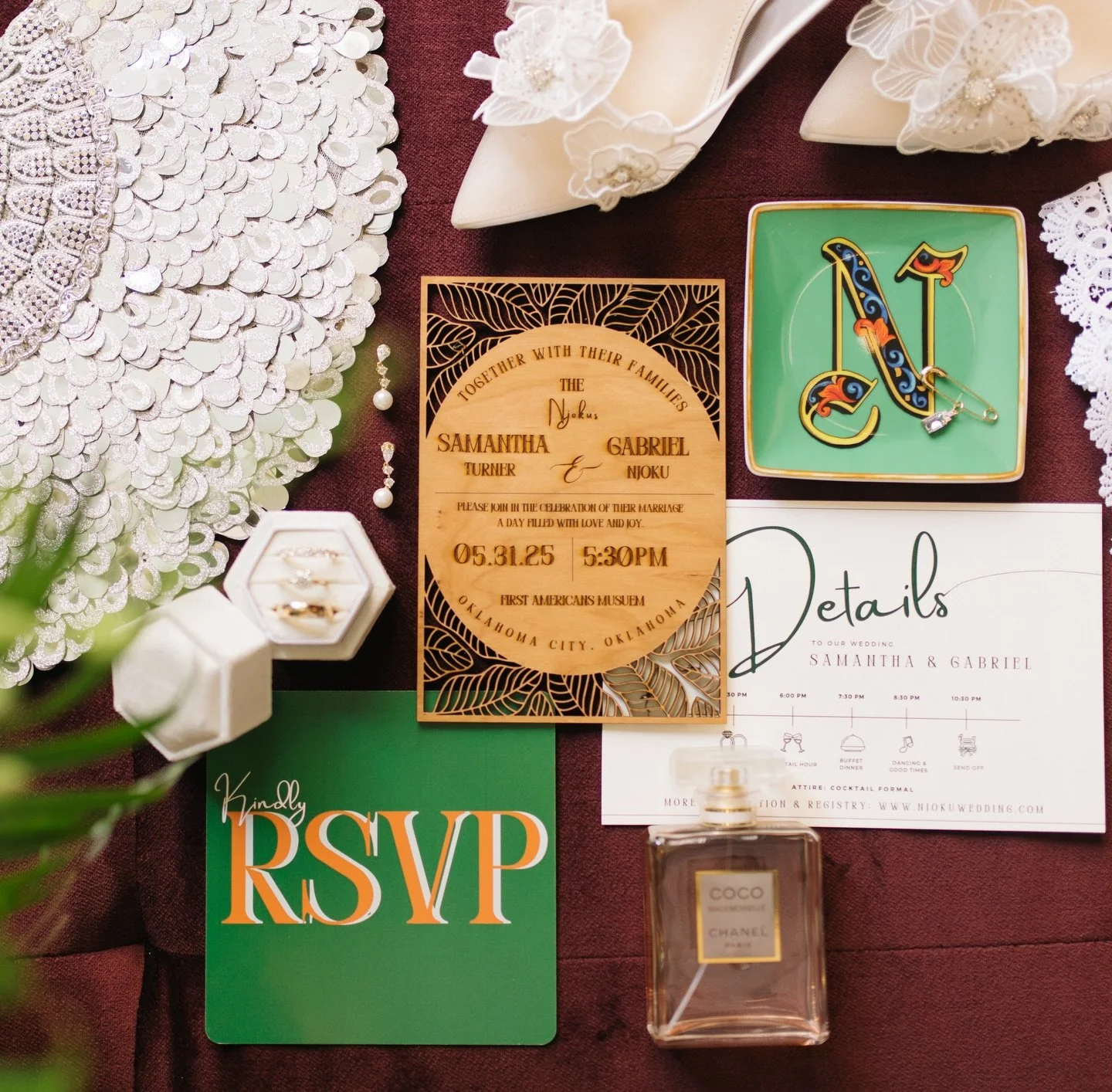 From concept to creation, this invitation suite was fully custom designed to set the tone for the big day. The main invite was laser cut and engraved onto wood, and each surrounding piece was thoughtfully designed to tie everything together. Every de