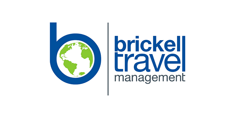 Logo for Brickell Travel Management with a globe and text