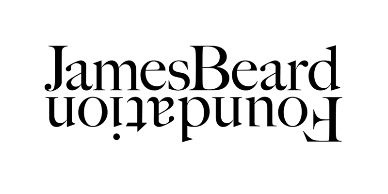 The name 'James Beard' is written in black text with a mirror image of the same text below it on a white background.