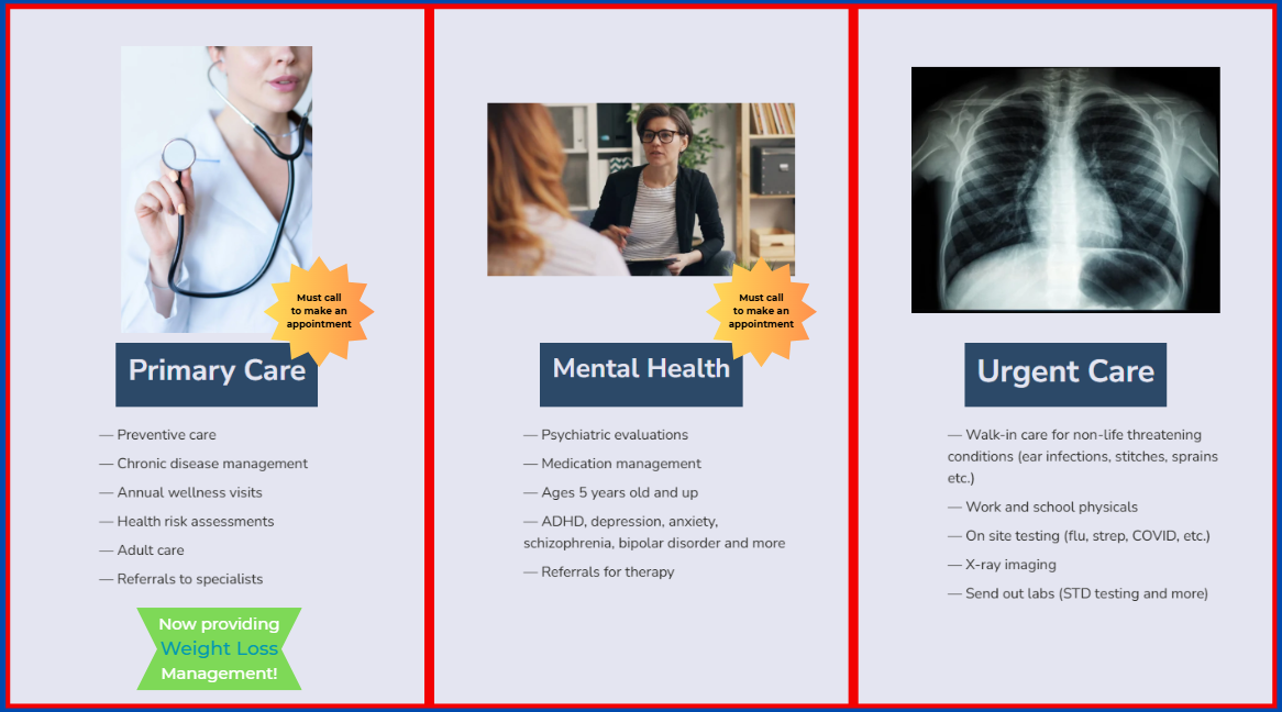 weight loss | specialist | annual physicals | psychiatric evaluation | ADHD | anxiety depression | work physical | sports physical | xray | stitches | covid and flu testing | STD testing | therapy