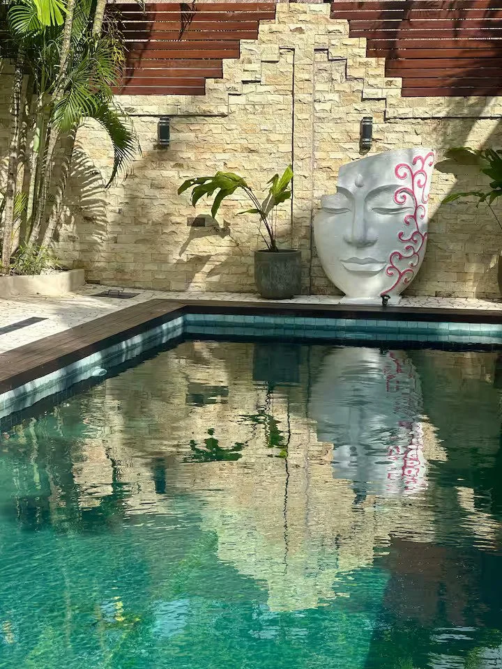 Swimming pool with a beige stone wall behind it, decorated with a large white face sculpture with pink swirl accents, and potted plants.