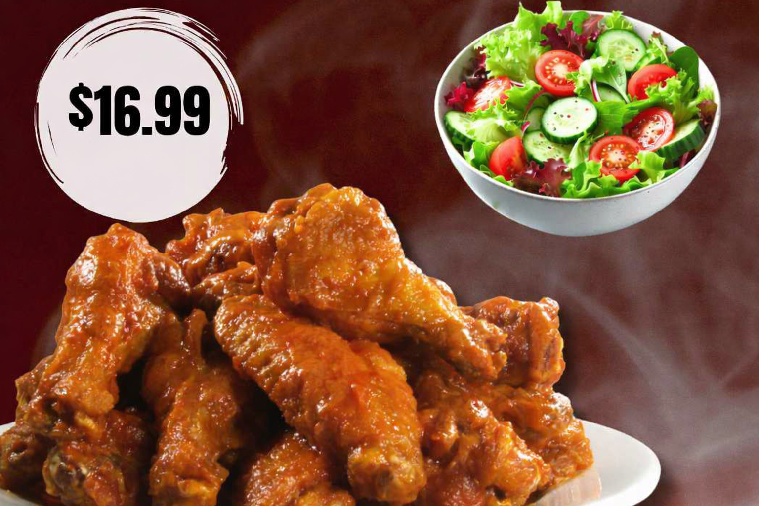 Spicy chicken wings for $16.99 with salad on dark backdrop