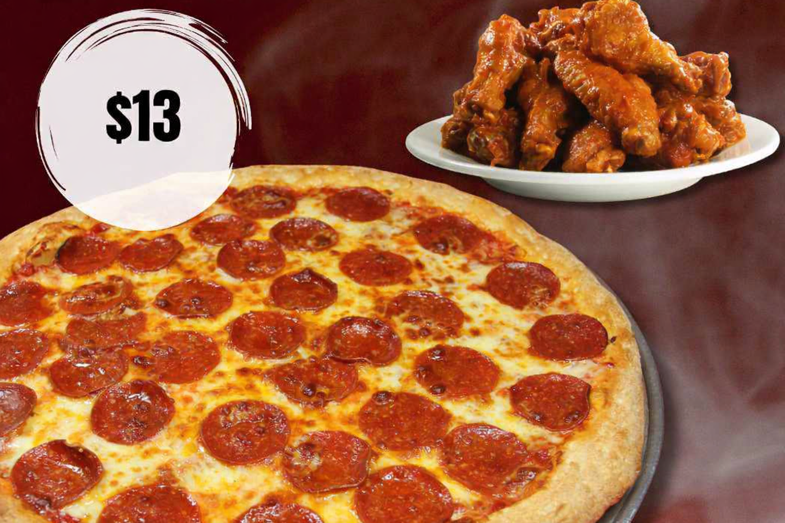 Pepperoni pizza with a side of chicken wings on a white plate, with a $13 price tag.
