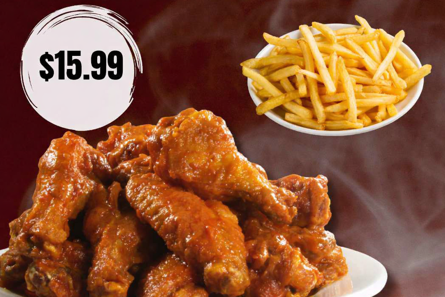 Chicken wings and fries for $15.99 on dark background.