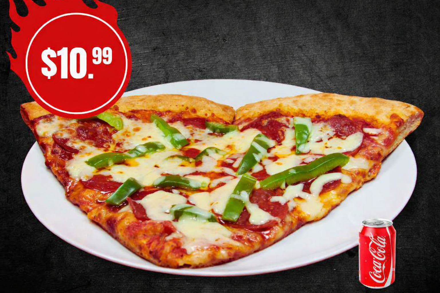 Two slices of pizza with a drink