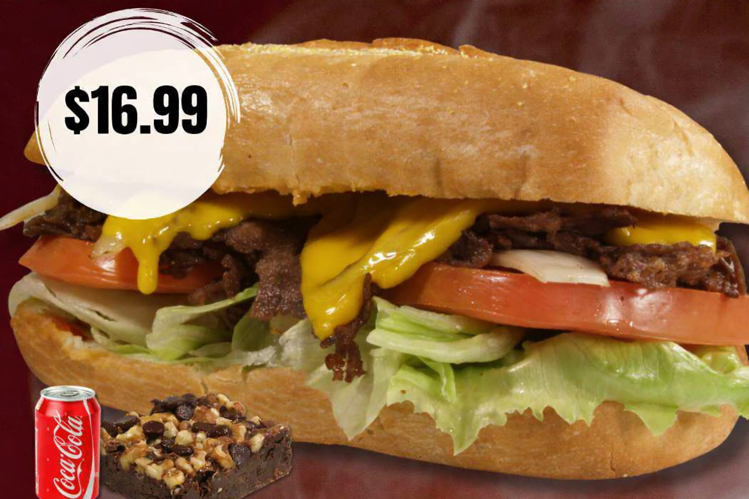 Cheeseburger with lettuce, tomato, and a can of Coke for $16.99.