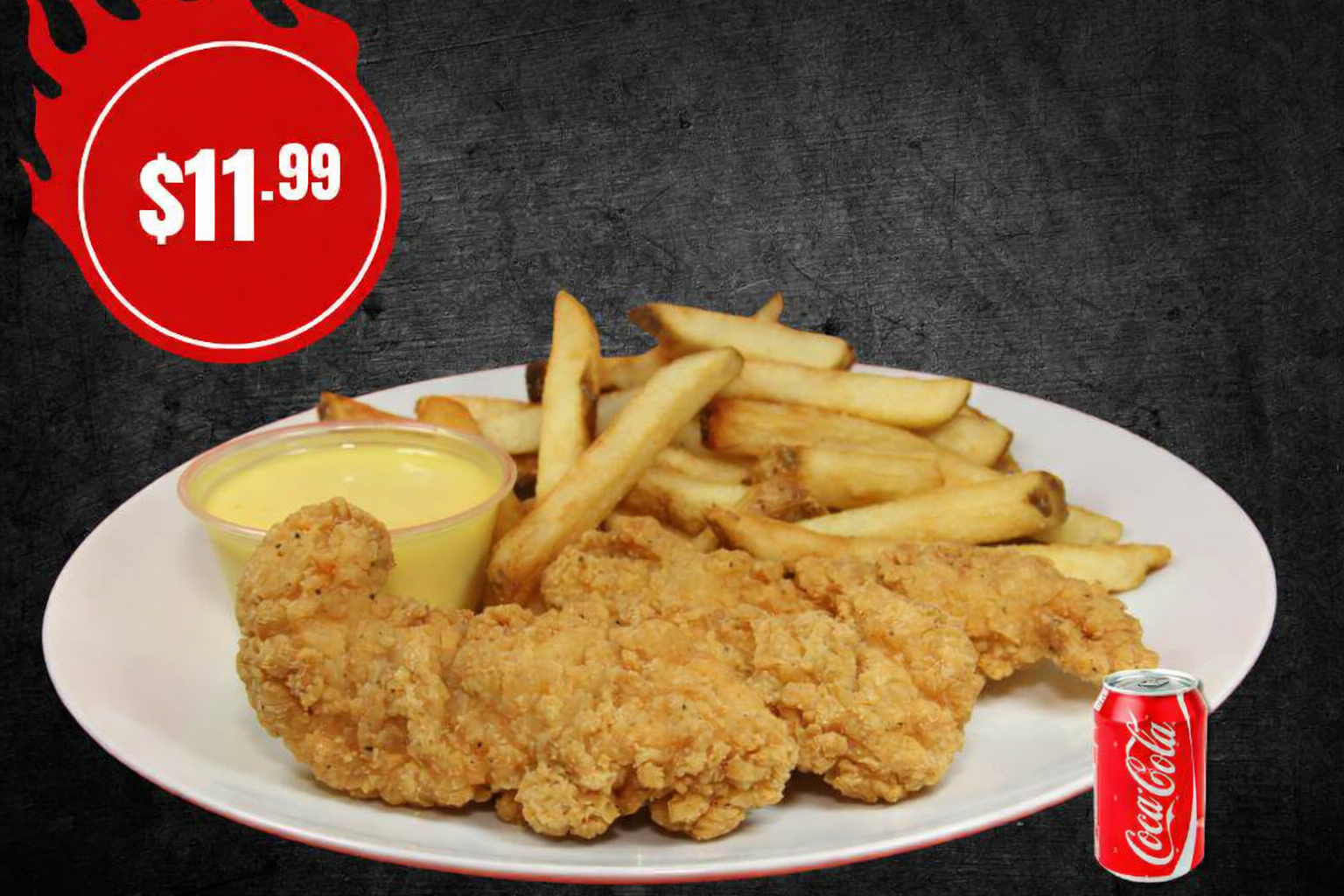 Chicken strips with fries, a side of sauce, and a drink