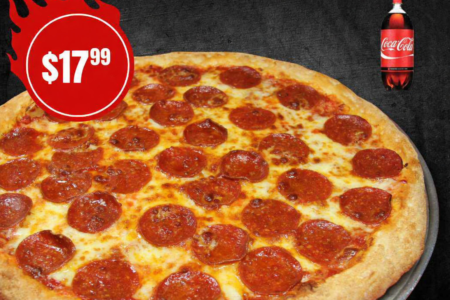 Large pepperoni pizza with a 2-liter soda