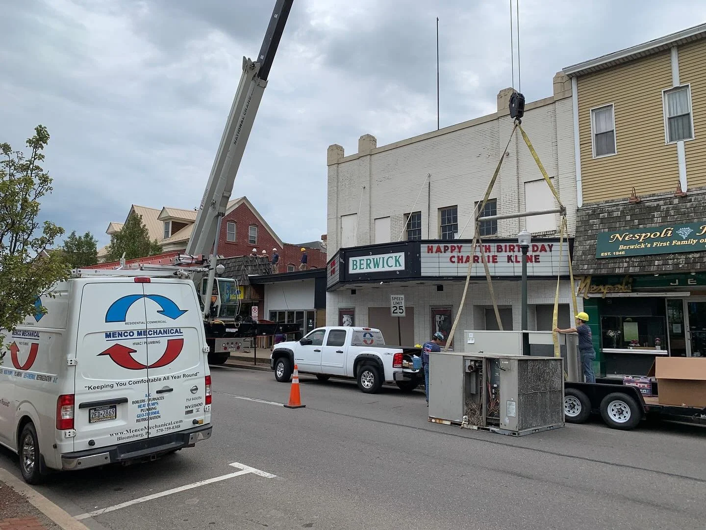 2021: we installed rooftop units of ductless heat pumps for the Berwick Theater! Not all of our jobs require us to shut down the street and use a crane, but we can do it when the work requires!