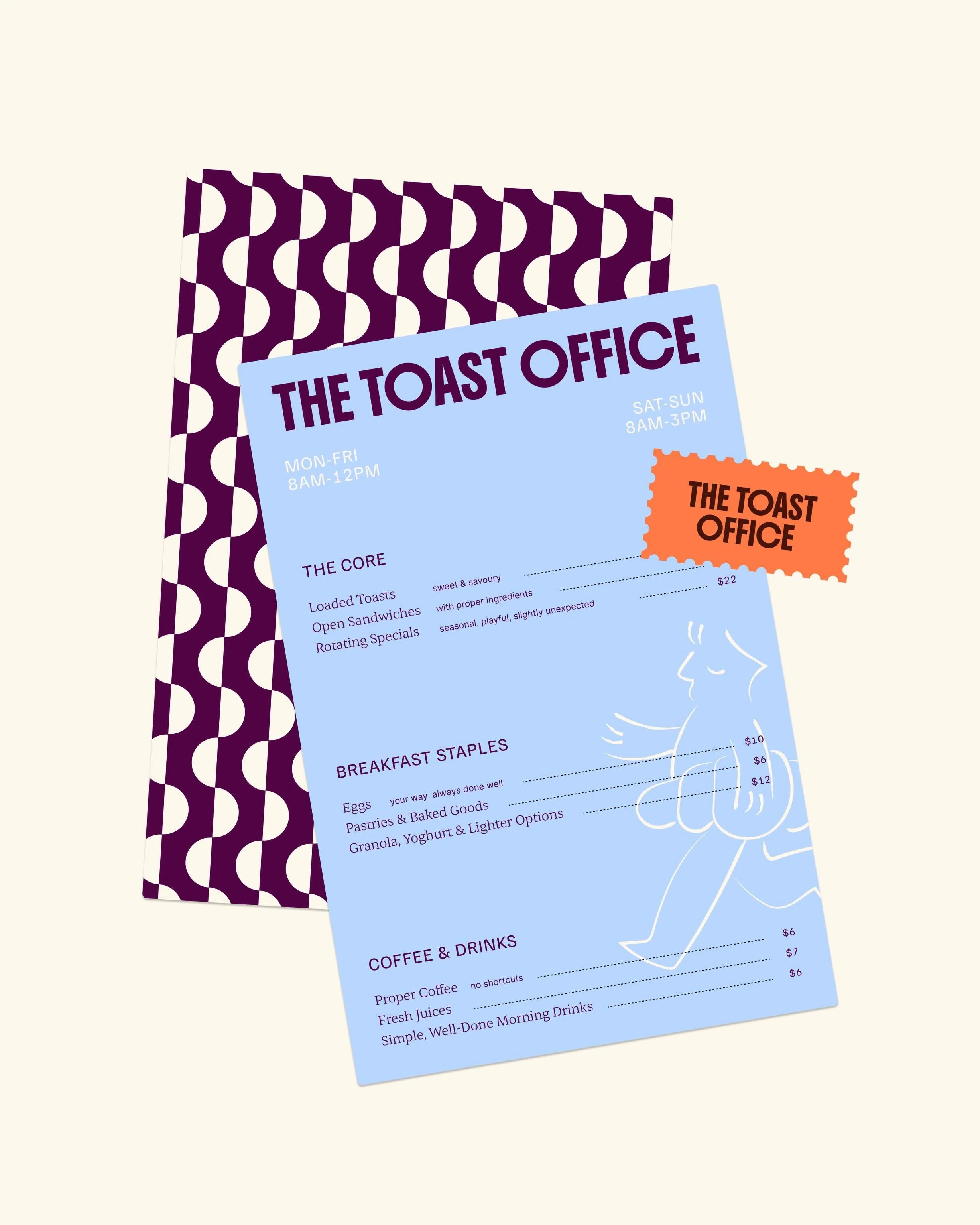 The illustrations we did for the The Toast Office were designed to bring a sense of movement and personality into the system, without overpowering it.

We introduced a simple, recurring character that moves through the brand like a routine. Walking, 