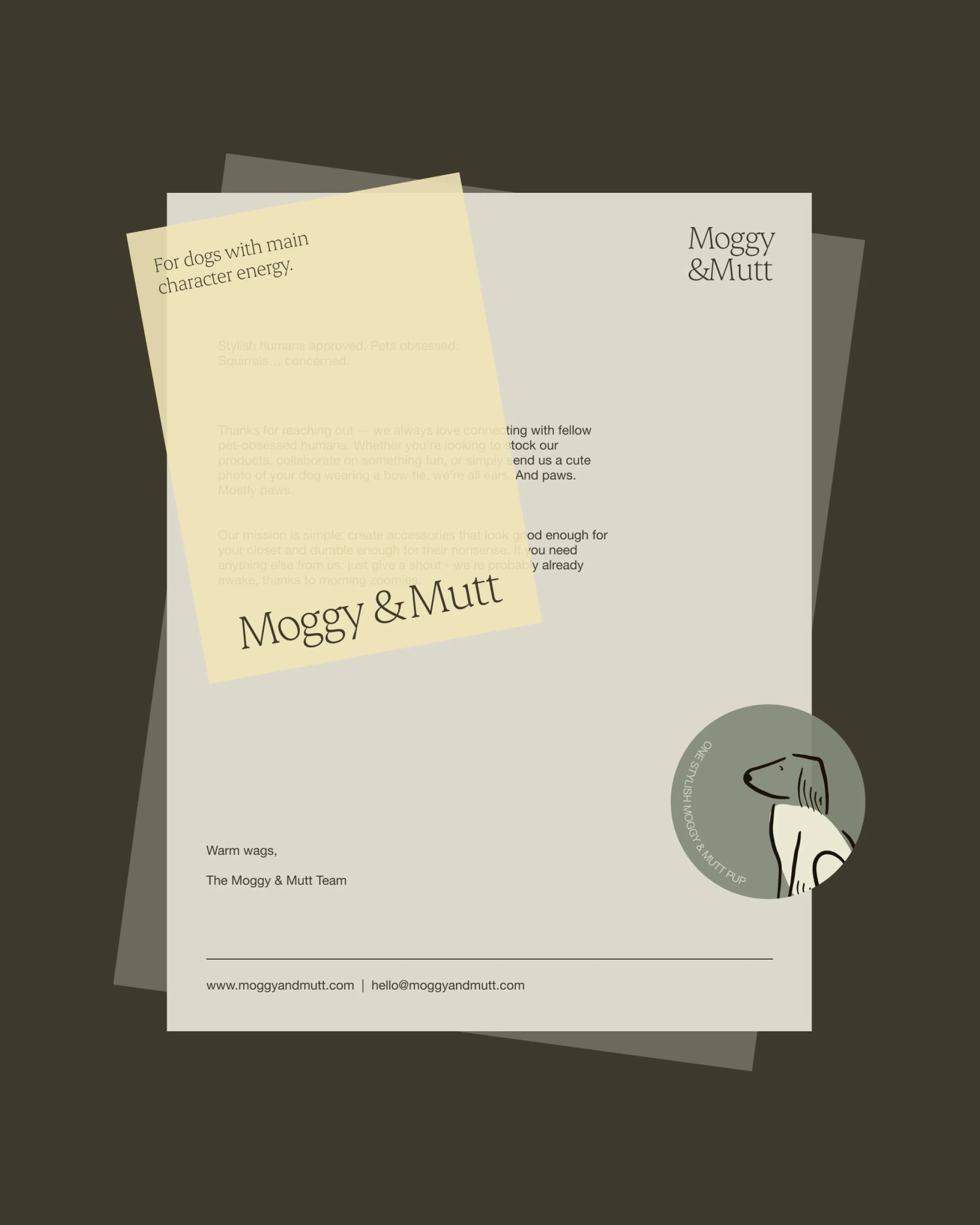 For Moggy &amp; Mutt, the intention was to move away from the expected codes of the pet category.

Instead, we created a brand identity that feels elevated, minimal and fashion-adjacent &mdash; speaking to owners who view their pets as part of their 