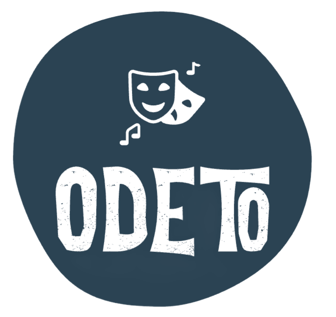 A pair of smiling comedy masks in white with musical notes, one above and one below. 'Ode To' in large distressed white letters below the masks. Inside a dark blue circular badge.