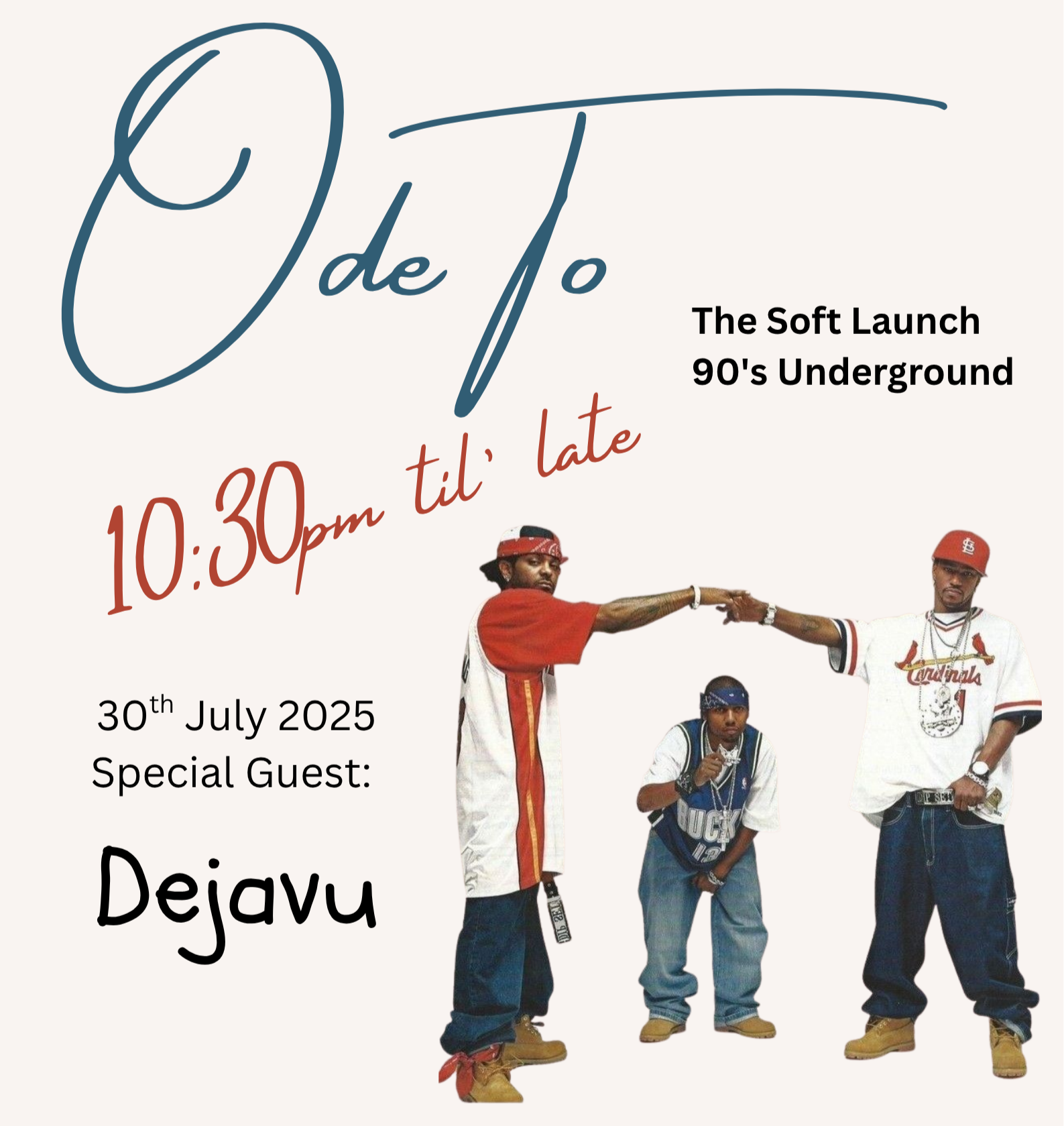 Event poster for Ode To, a 90s underground hip hop theme, scheduled for July 30th, 2025, from 10:30 PM until late, at The Green Door bar in Hong Kong, featuring guest DJ Dejavu.