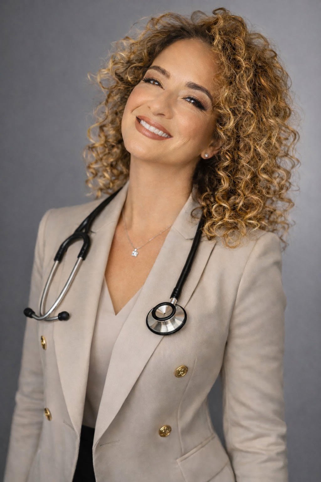 A smiling female doctor with curly blonde hair, tan blazer, and stethoscope around her neck standing against a gray background.