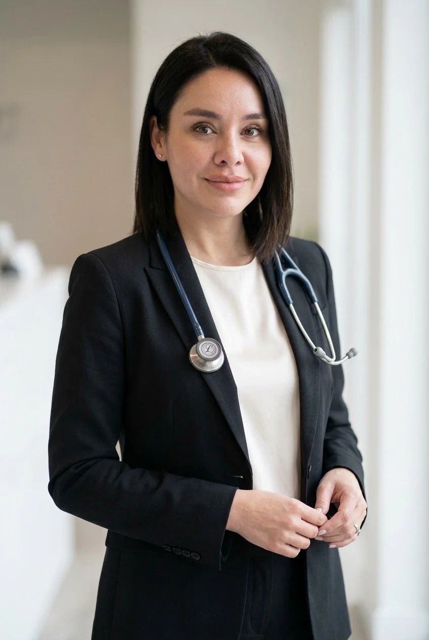 A female doctor or healthcare professional with shoulder-length dark hair, wearing a black blazer, white blouse, and a stethoscope around her neck, smiling softly in a well-lit room.