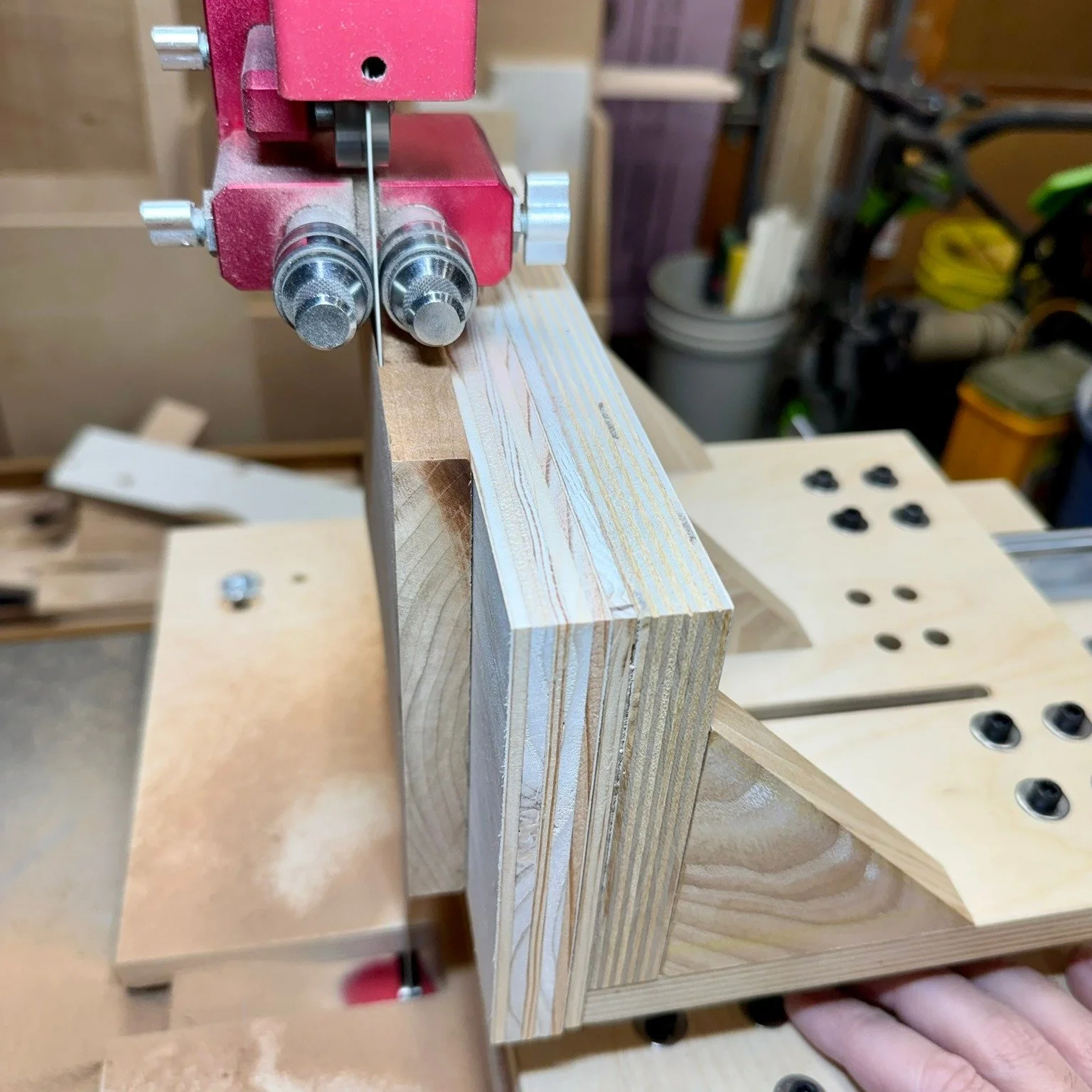 Sometimes the tool you need doesn&rsquo;t exist, so you have to invent it.

A custom bandsaw jig for slicing thin, uniform veneers from the tanegi blocks&mdash;designed for precision and accuracy over speed. I'm able to cut consistent slices less tha
