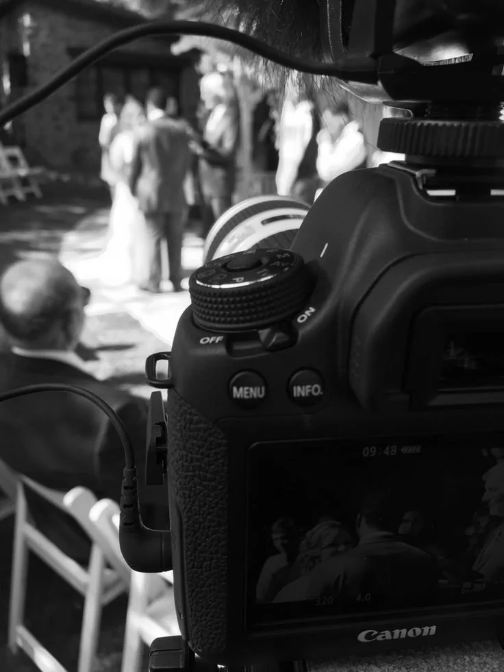 Close-up of a Canon DSLR camera filming a wedding ceremony with people in the background.