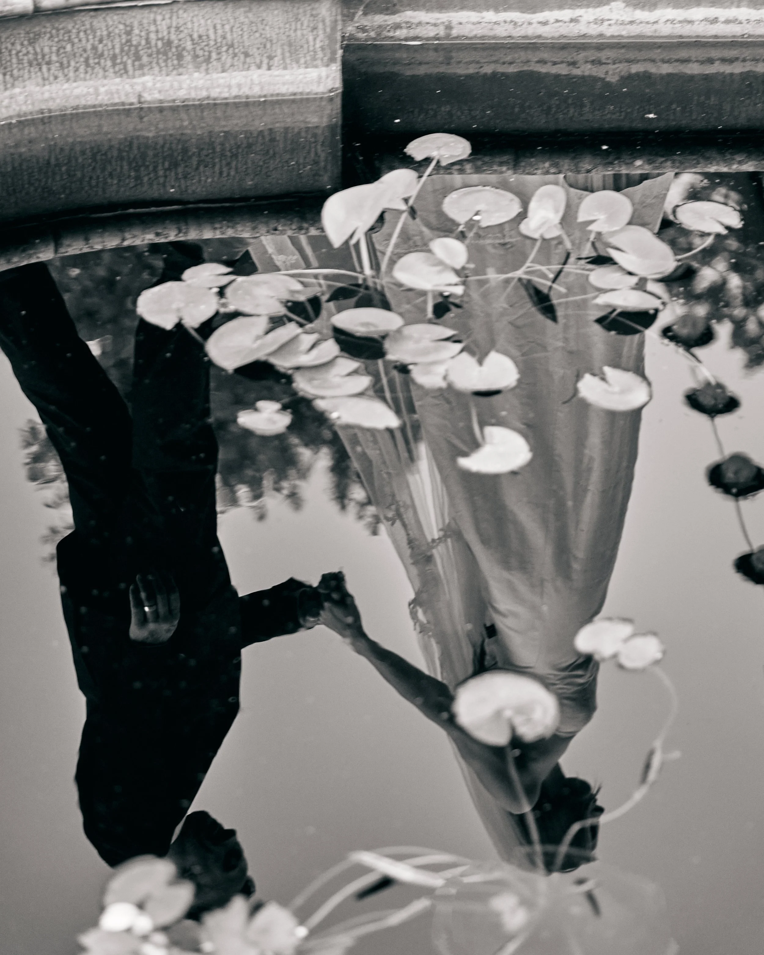 A black-and-white photo of a woman in a dress holding hands with a child, reflected in a puddle on the ground with floating lily pads.
