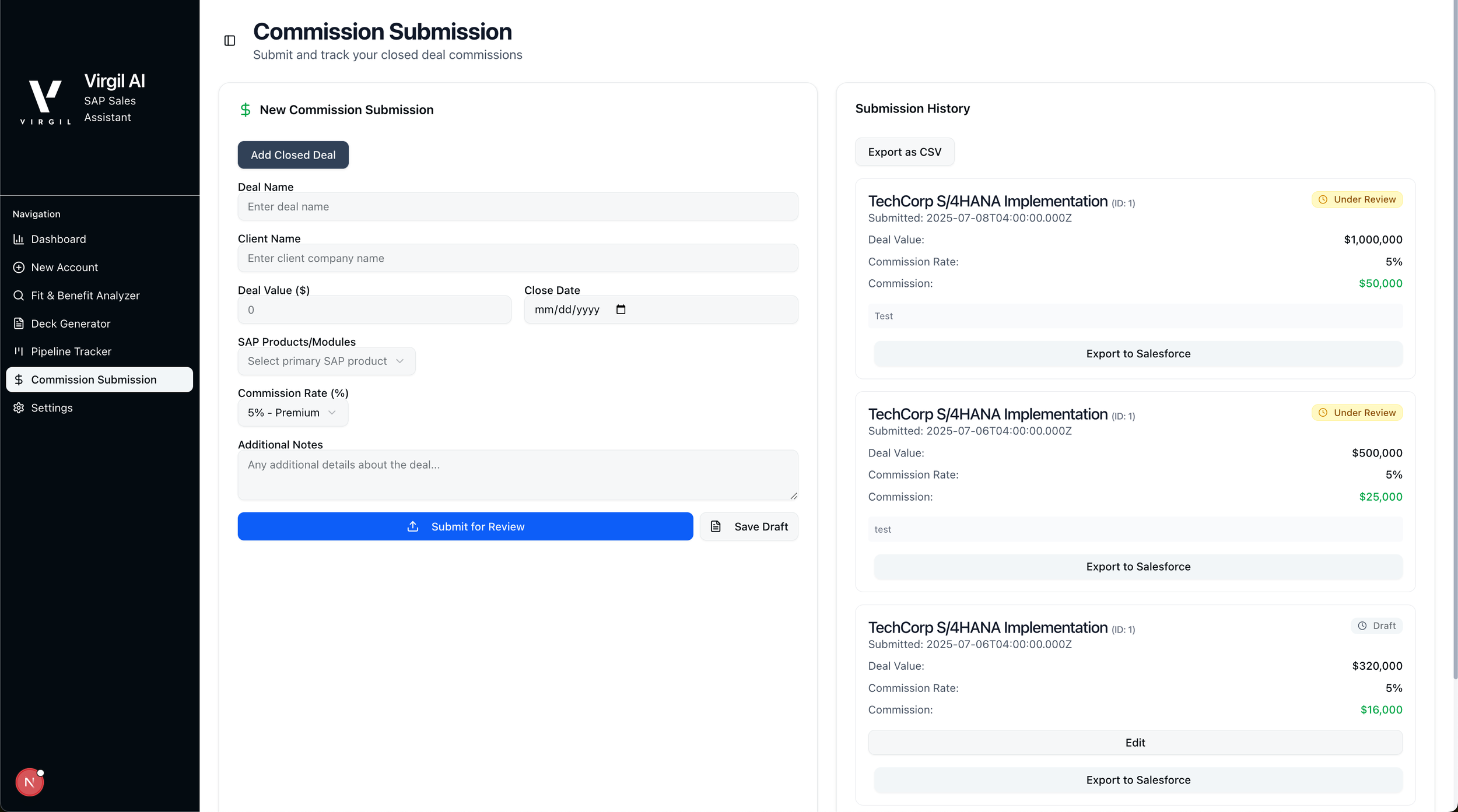 Screenshot of a web-based commission submission form within Virgil AI SAP Sales Assistant. The form includes fields for deal name, client name, deal value, close date, SAP products/modules, commission rate, and additional notes. There are buttons for submitting for review and saving drafts. On the right side, there is a submission history showing three entries for TechCorp S/4HANA implementation deals with details like submission dates, deal values, commission rates, and commissions, along with options to export data to Salesforce.