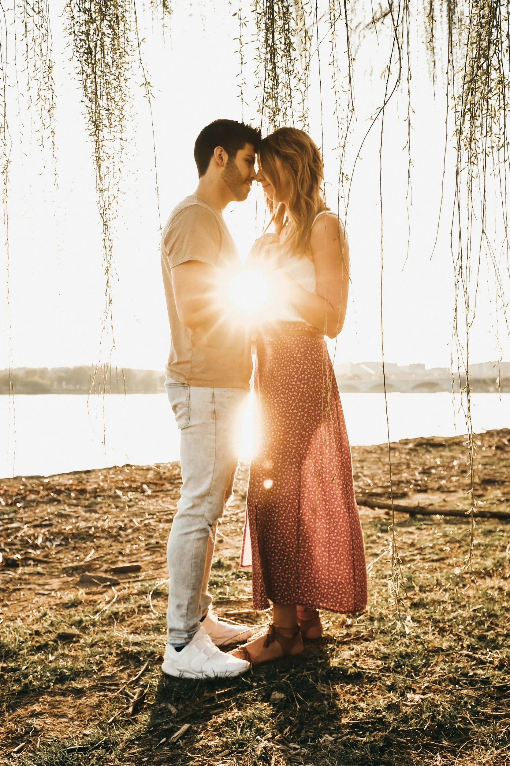 A couple standing close together outdoors, touching foreheads with sunlight shining between them, near a body of water, hanging branches overhead.