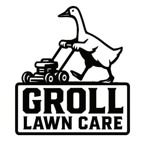 A cartoon gnome with a long nose and pointy hat mowing grass with a push lawn mower, with a sign reading 'Groll Lawn Care' below.
