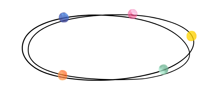 graphic black and white line drawing abstractly representing a conference room table. colorful dots are placed around the oval representing seats at the table.