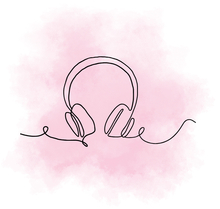 black and white line drawing of over ear headphones with a pink watercolor splash as a backdrop.