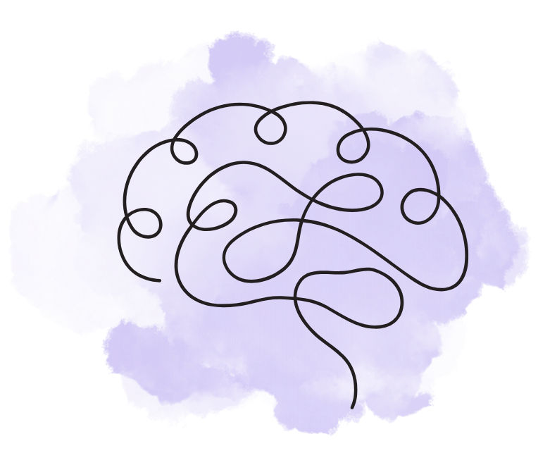 black and white line drawing of a brain with a purple water color splash as the backdrop.