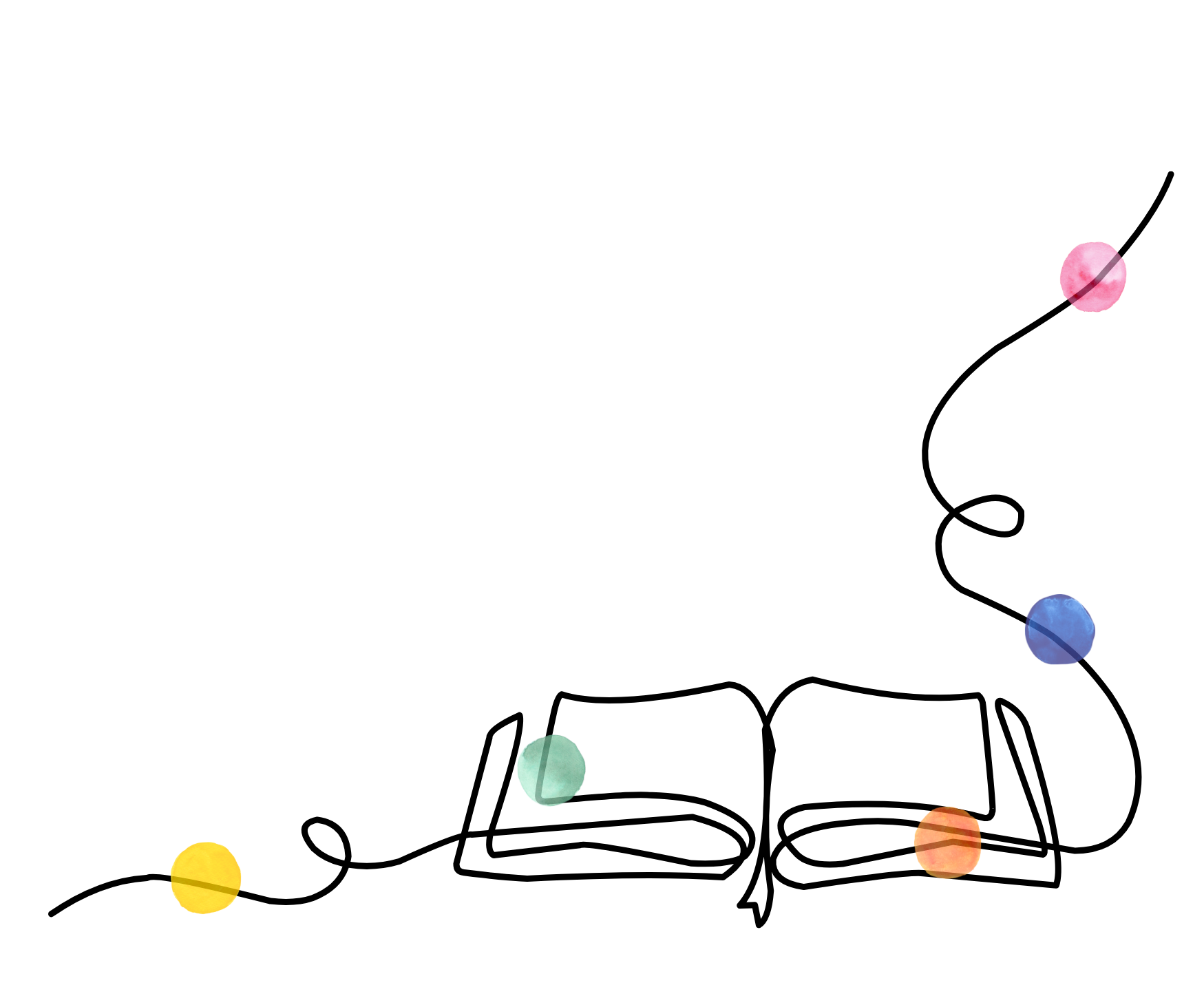 graphic black and white line drawing of a book with colorful dots adding energy to the lines to represent engaged learning.