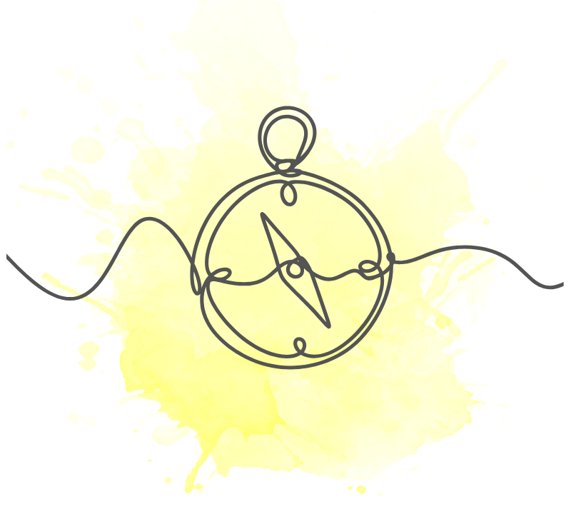 black and white line drawing of a compass with a yellow watercolor splash behind it.