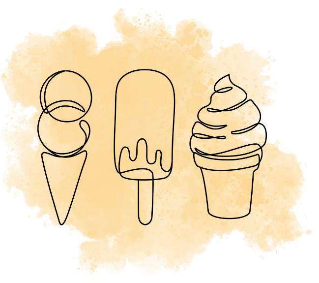 black and white line drawing of two ice cream cones and one popsicle, with an orange watercolor splash as a backdrop.