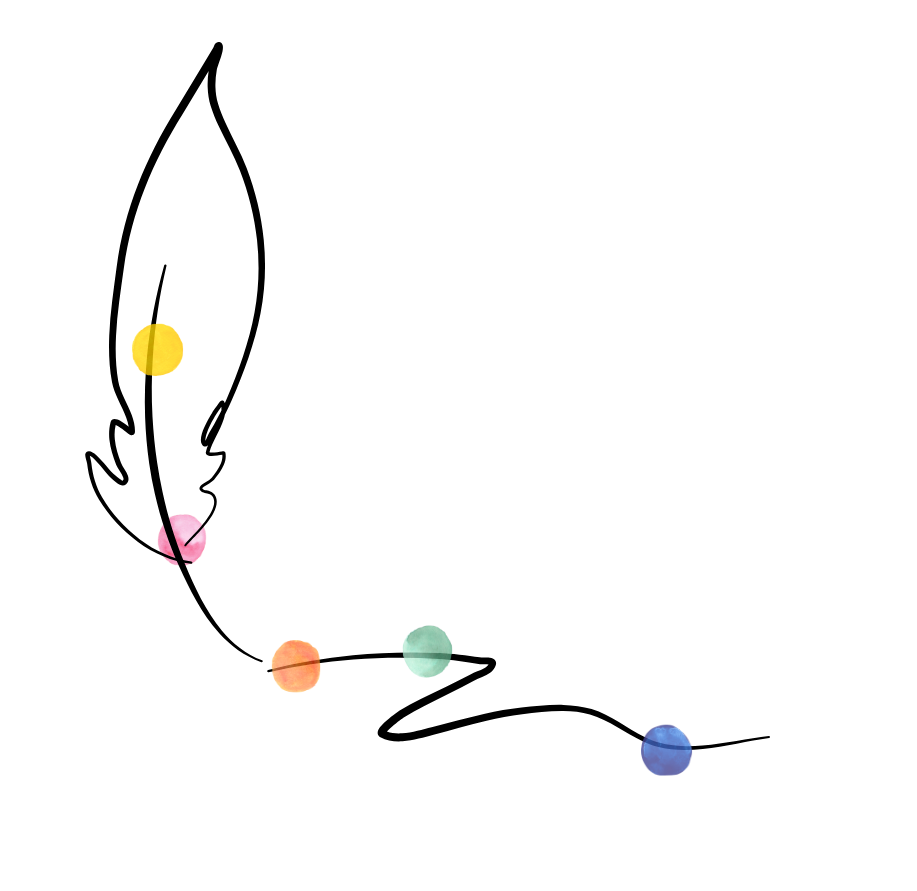 black and white line drawing of a feather pen. colorful dots are added to the lines to represent energy of ideas and flowing communication.