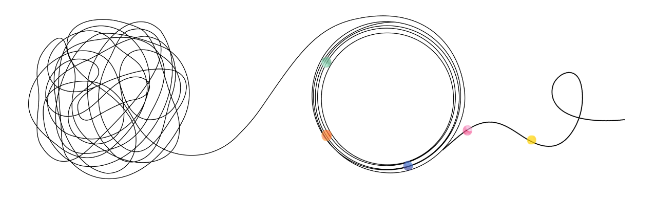 Graphic black and white drawing of a knot of thread being untangled into a neat circle. Small colorful beads add movement to the drawing showing the energy and momentum that comes from clarity.